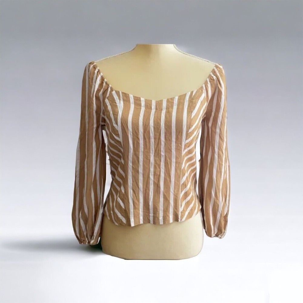 SOHO NY&CO Jeans Blouse Shirt Sz. Small Top Tan White Striped Long Sleeves